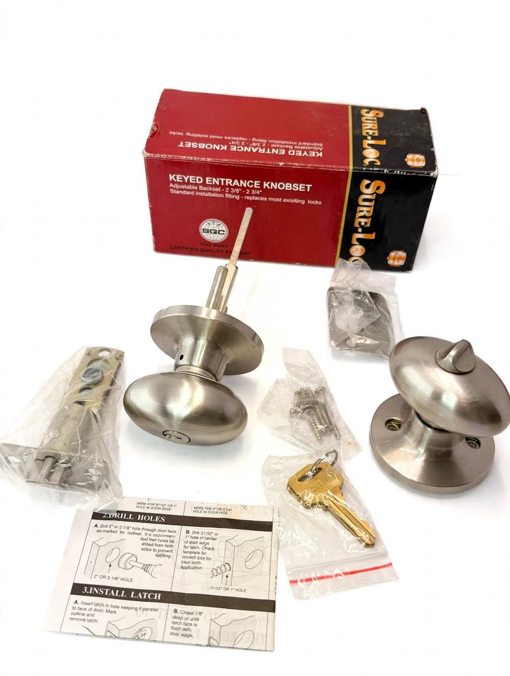 Vintage Sure-Loc Keyed Entrance Door Knob Set Satin Nickel 2 Keys NOS
